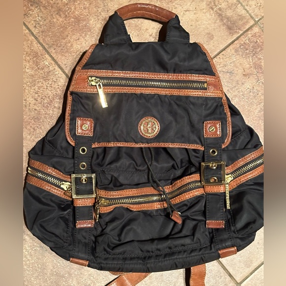 Tory Burch backpack black nylon brown leather multiple zipper and open pockets main image 8